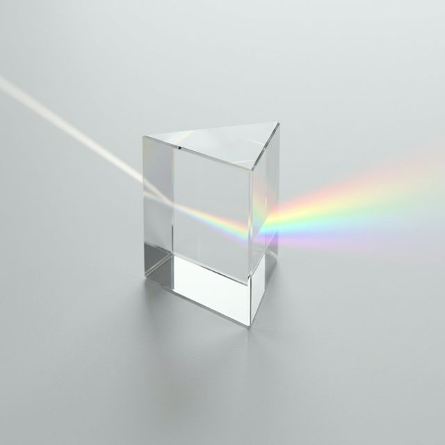 A clear glass prism refracting a subtle beam of light