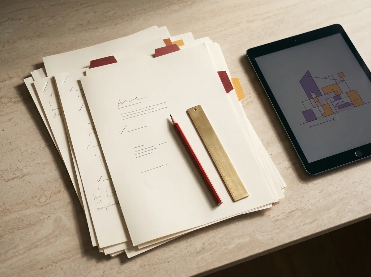 A proposal dossier under careful review beside an architecture diagram