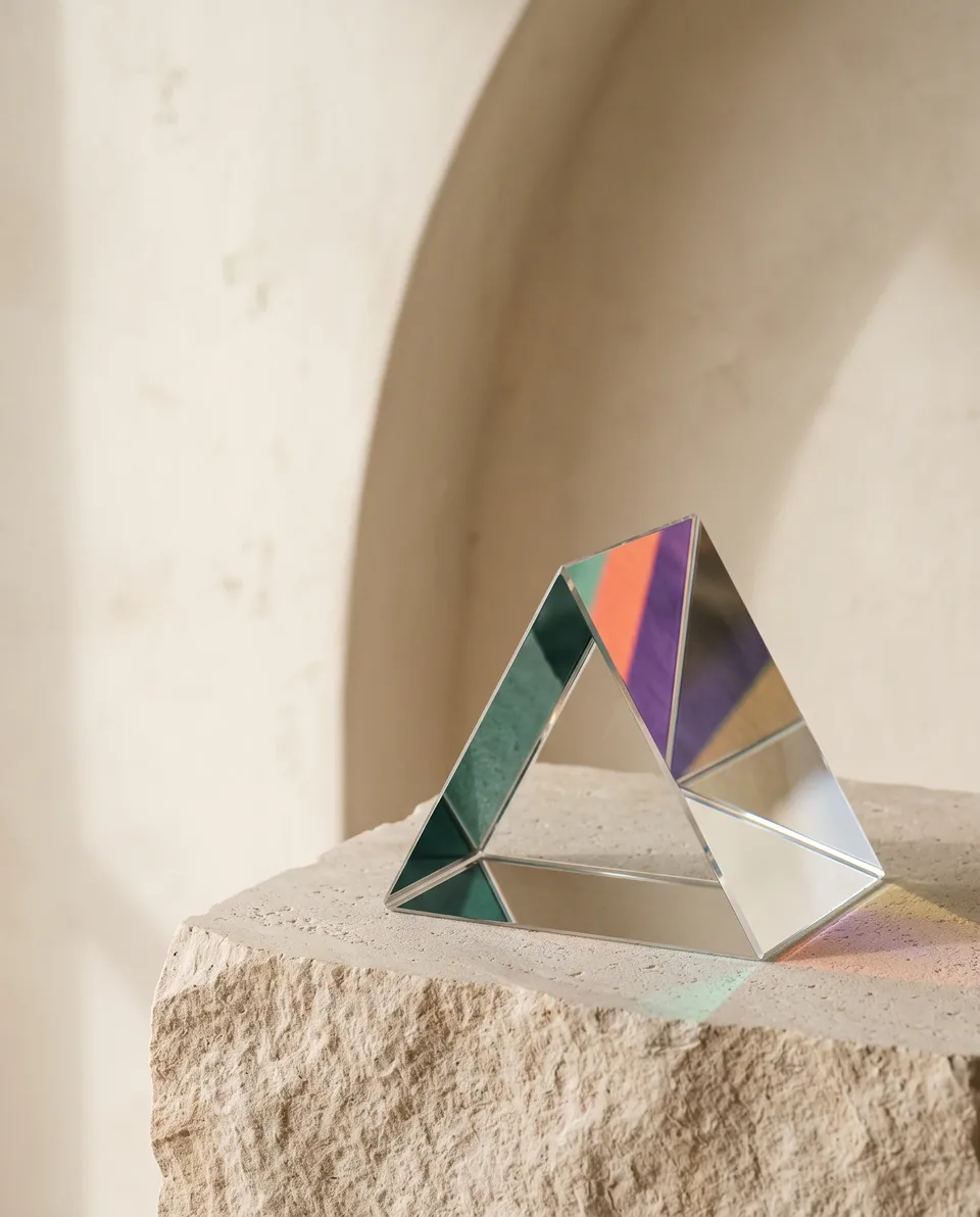 A precision-cut glass prism reflecting four restrained colors on a limestone plinth