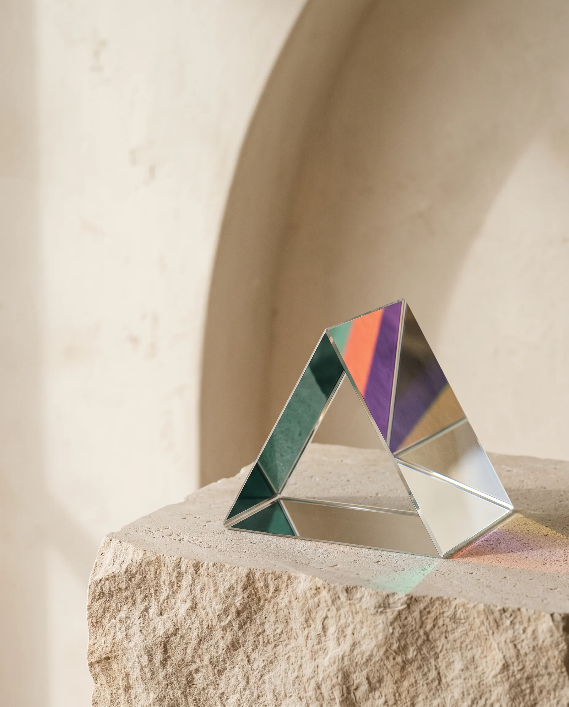 A precision-cut glass prism reflecting four restrained colors on a limestone plinth