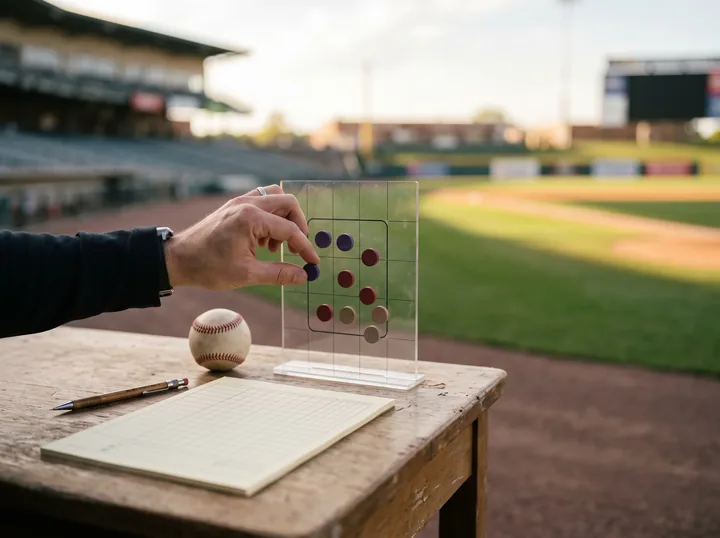 A baseball, strike-zone grid, and pitch markers on a scorer's desk overlooking the field