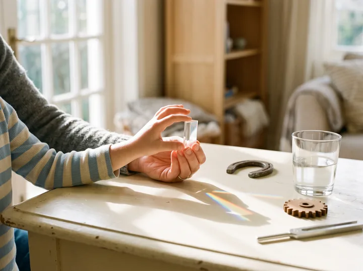 Hands explore light with a glass prism among simple objects for scientific discovery