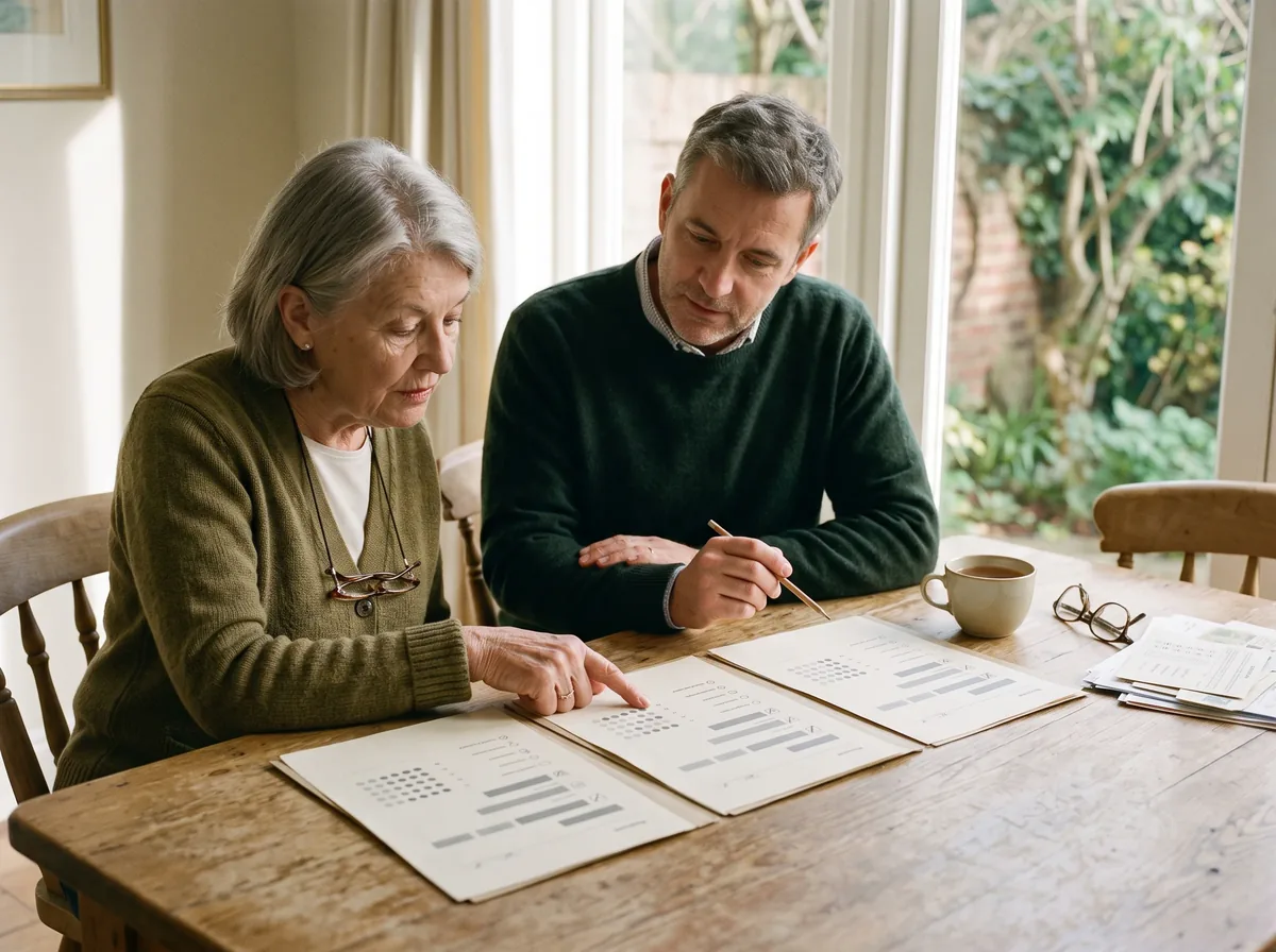An older adult and family member compare senior-care information at a sunlit table