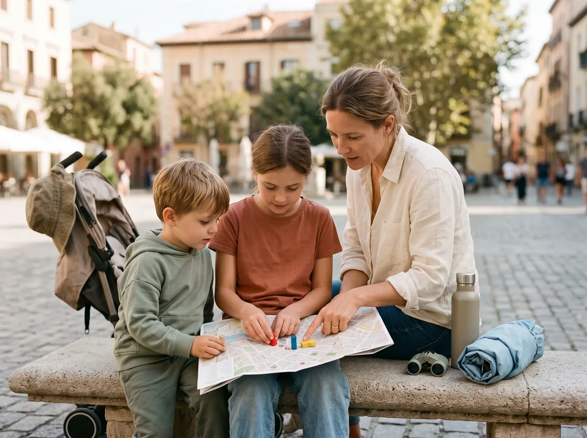 A parent and two children plan a city day together over a paper map