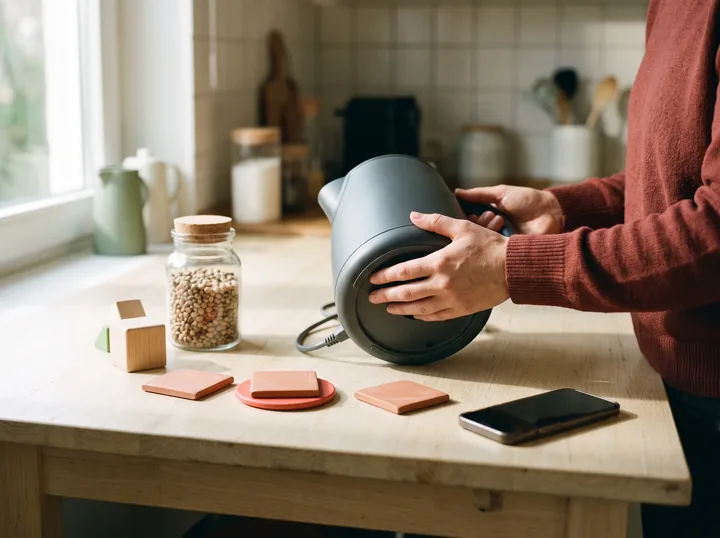 A person checks an unbranded household appliance beside everyday family products