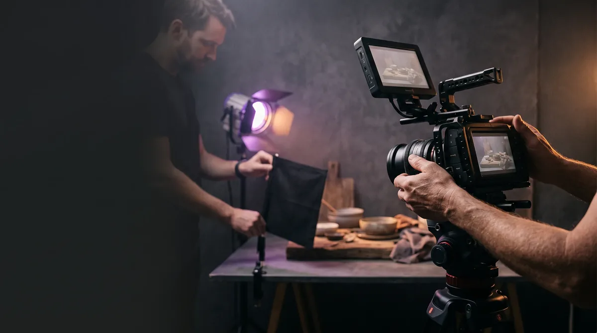 A compact production team carefully framing a short-form video